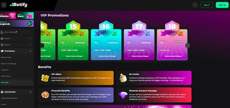 Program VIP Betify: 18 poziomów i cashback do 20%